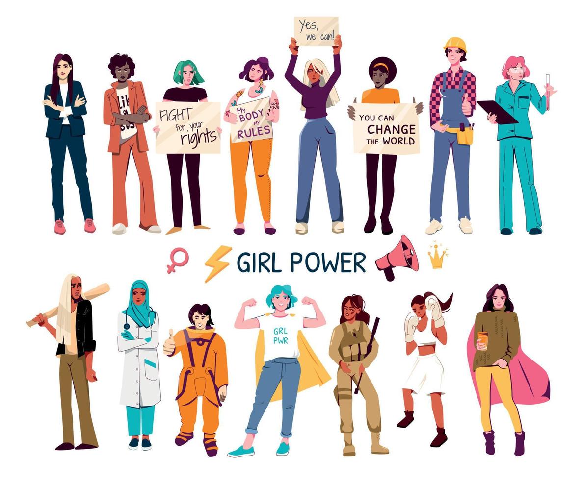 Girl Power Flat Set vector