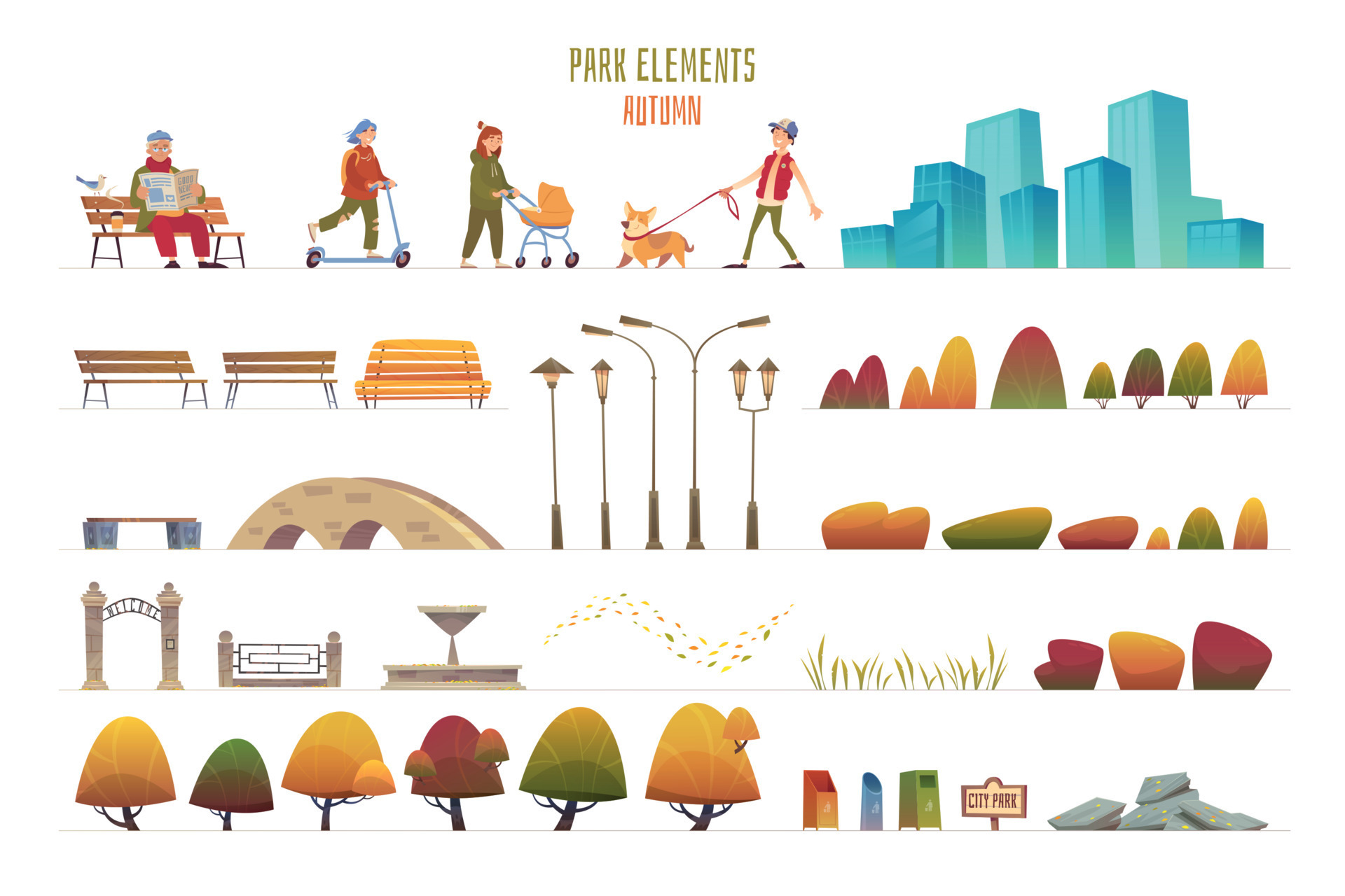 City Park Set 13489437 Vector Art at Vecteezy
