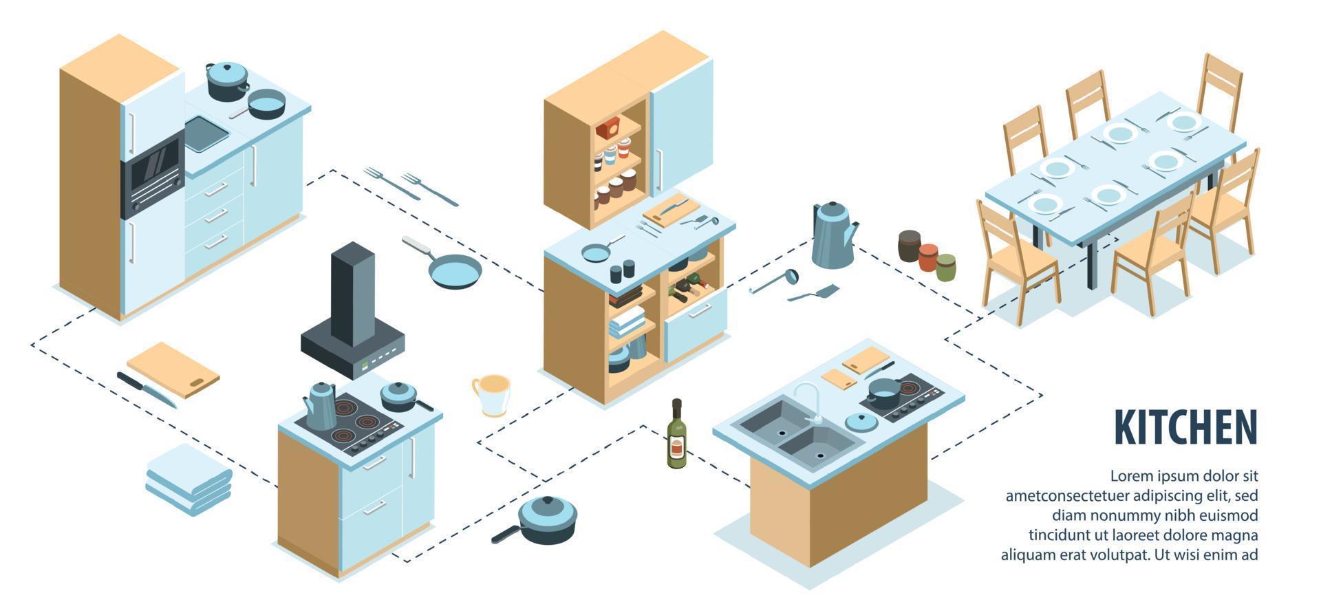Infografía isométrica del interior de la cocina. vector