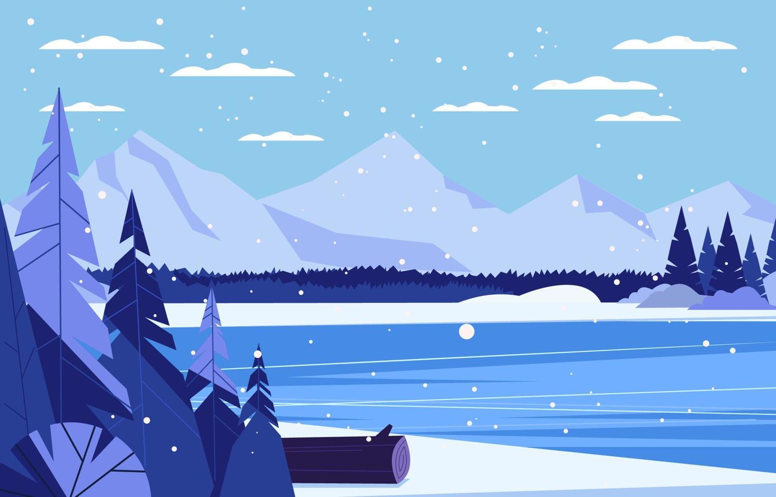 Snowy Winter Forest With River Mountain Background vector