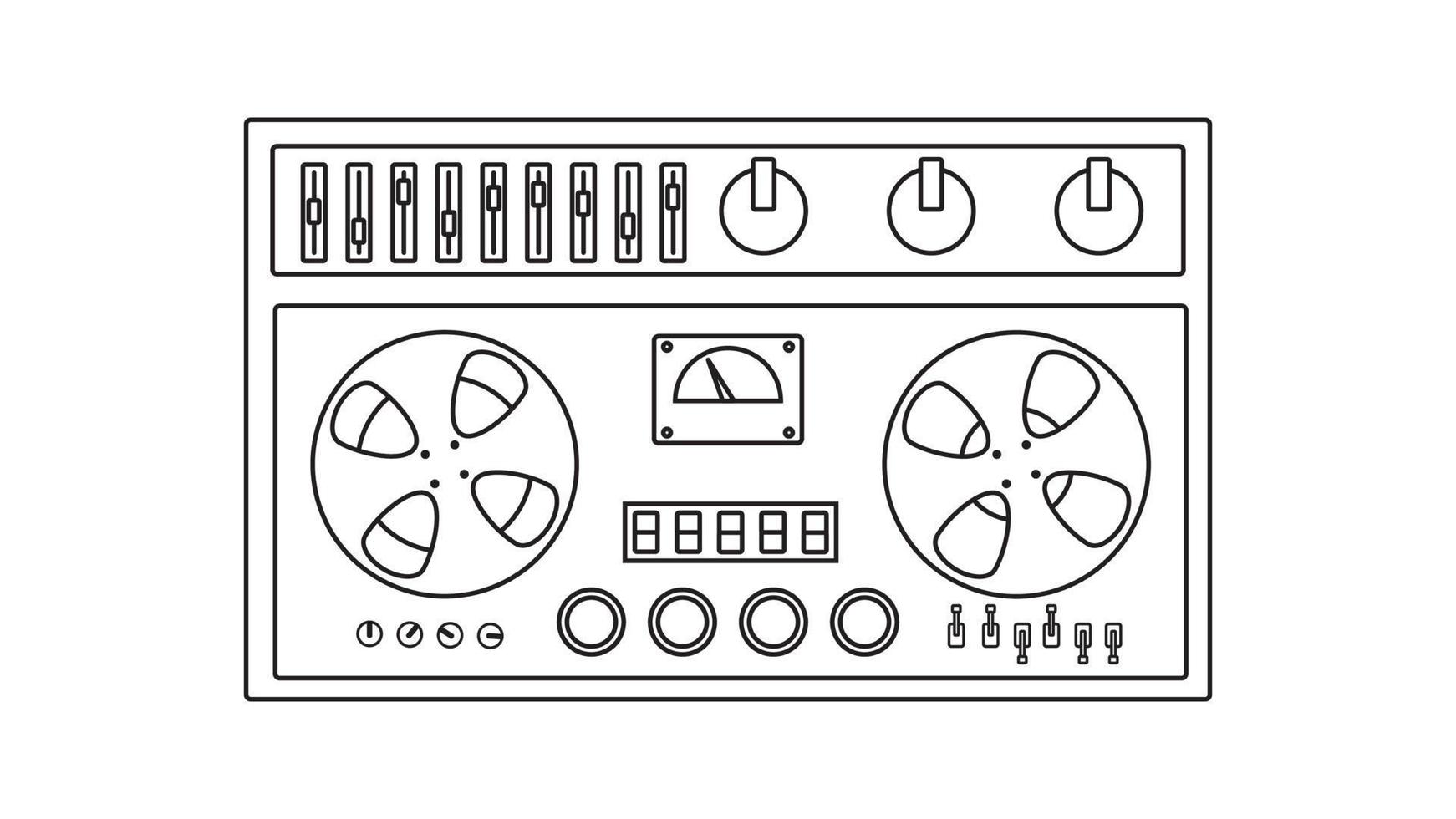 antigua grabadora de cinta de casete de música retro vintage con cinta magnética en carretes de los años 70, 80, 90. icono blanco y negro. ilustración vectorial vector