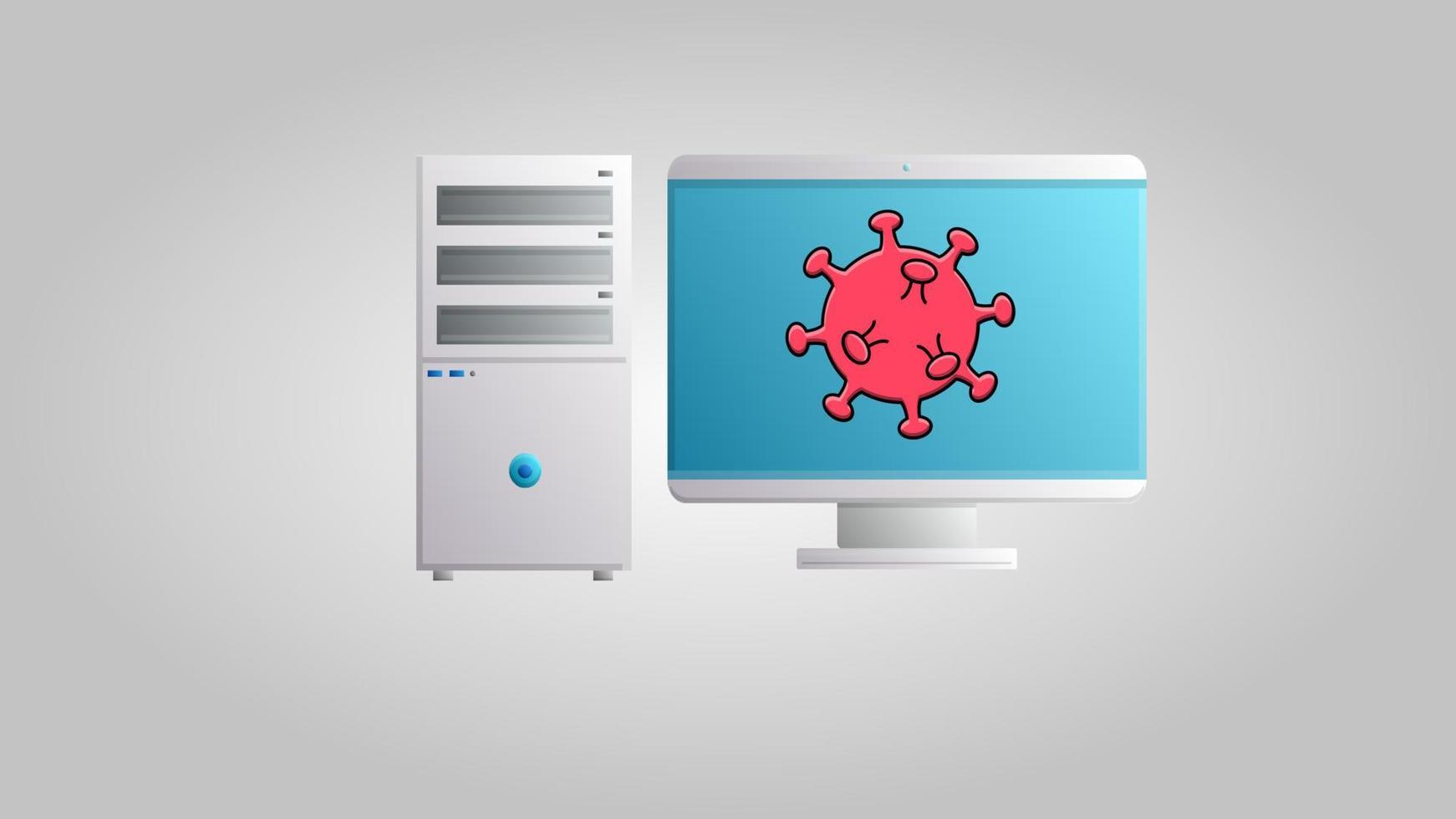 A modern digital computer with a monitor for online medicine to work on a cure for a dangerous deadly epidemic of the coronavirus Covid-19 disease virus pandemic. Vector illustration