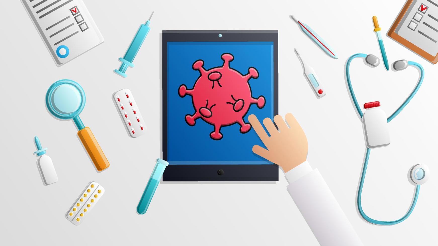 A medical doctor presses a digital tablet with a hand on a digital touchpad with the pandemic virus coronovirus covid-19 in the laboratory or doctors office. Vector illustration