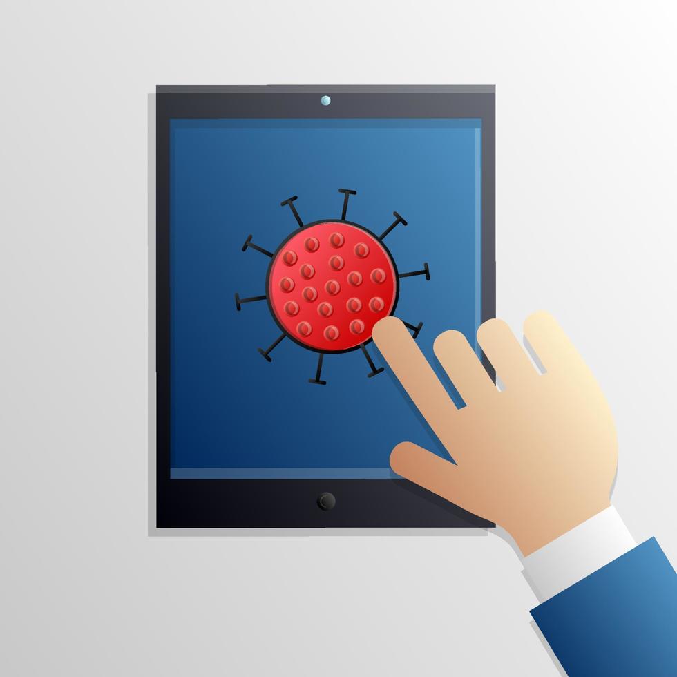 A hand clicks on the icon of the coronovirus covid-19 virus on a digital modern touchscreen tablet. Vector illustration