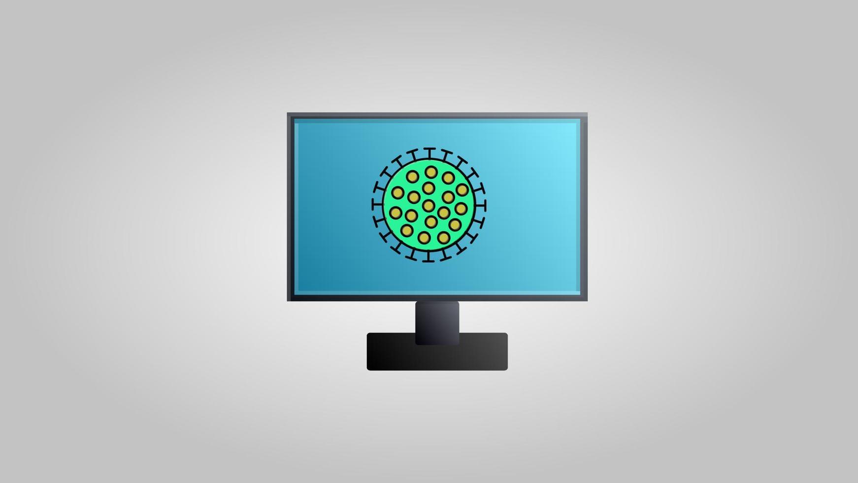 A modern digital computer with a monitor for online medicine to work on a cure for a dangerous deadly epidemic of the coronavirus Covid-19 disease virus pandemic. Vector illustration