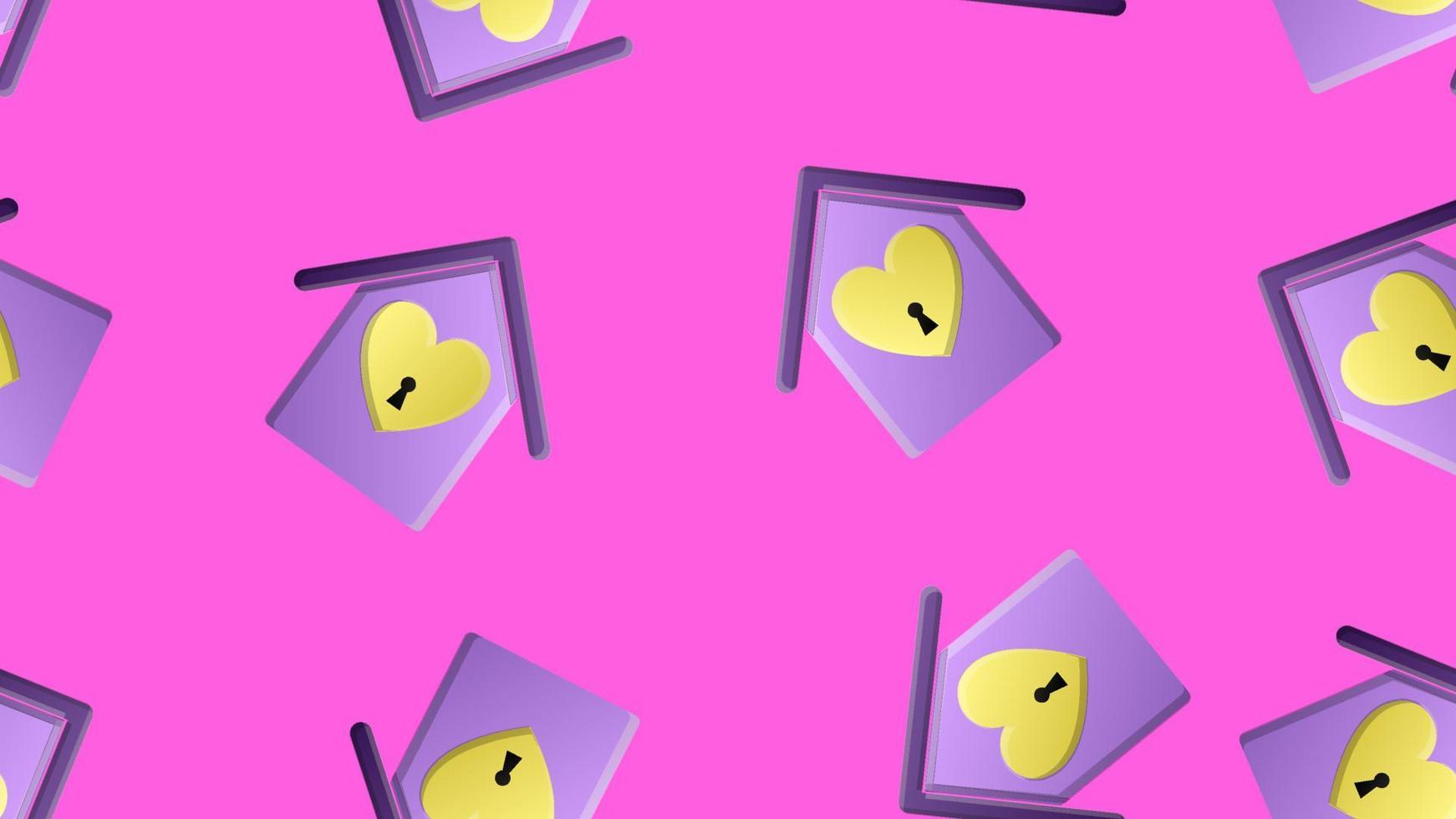 Endless seamless pattern of beautiful festive love joyful hearts in houses with a keyhole on a purple background. Vector illustration