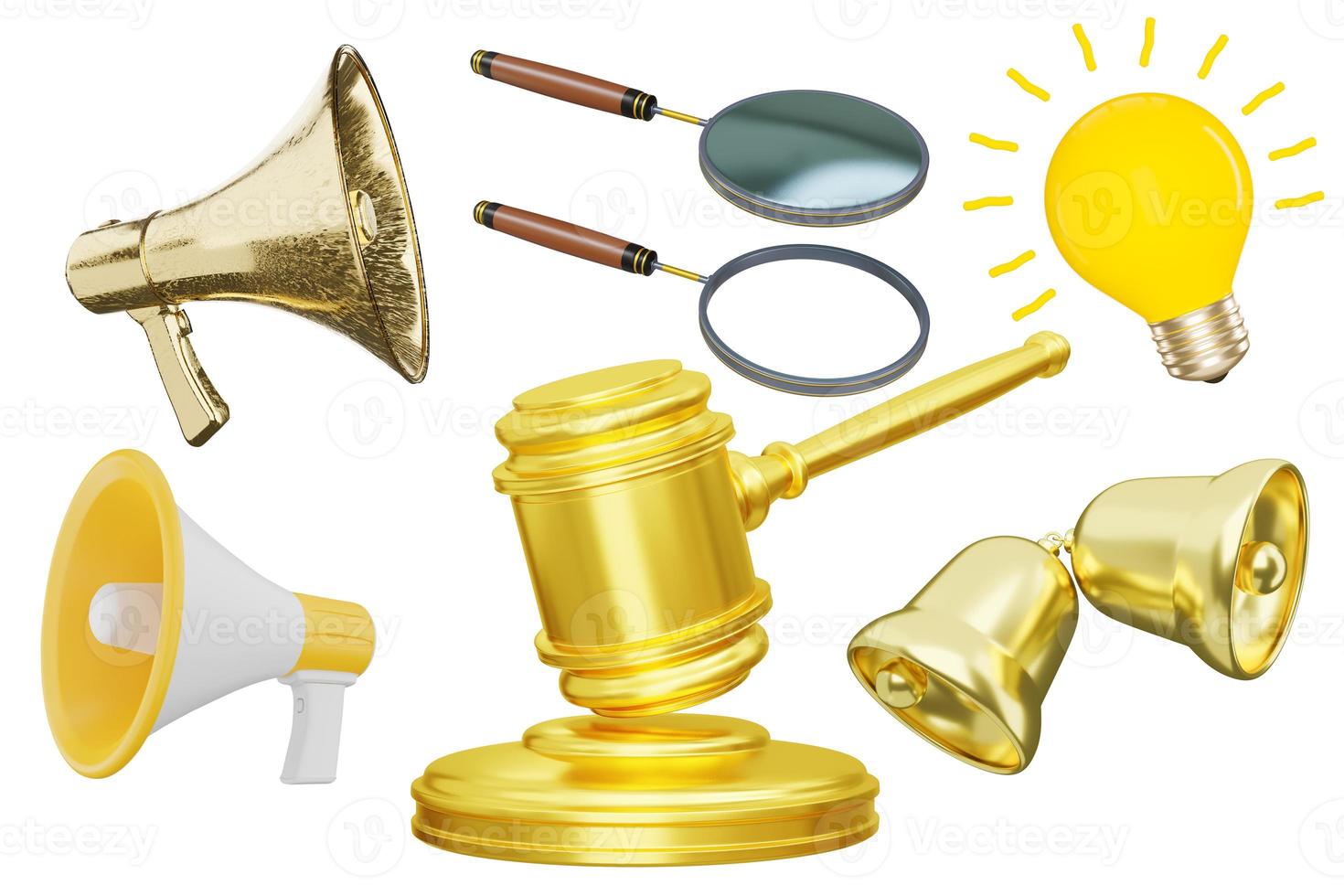 3d ilustración de juez martillo, megáfono, lupa, campana dorada y bombilla foto