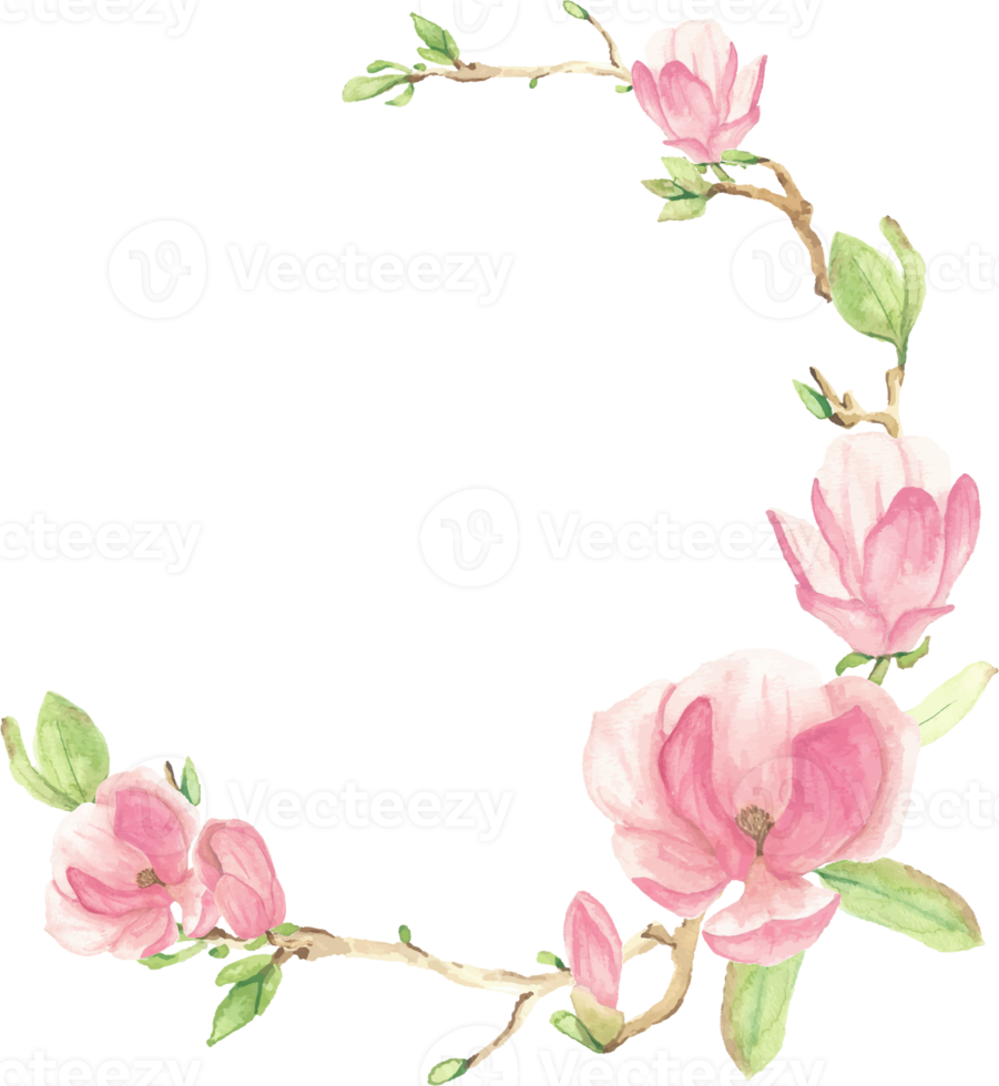 watercolor pink blooming magnolia flower and branch wreath frame png