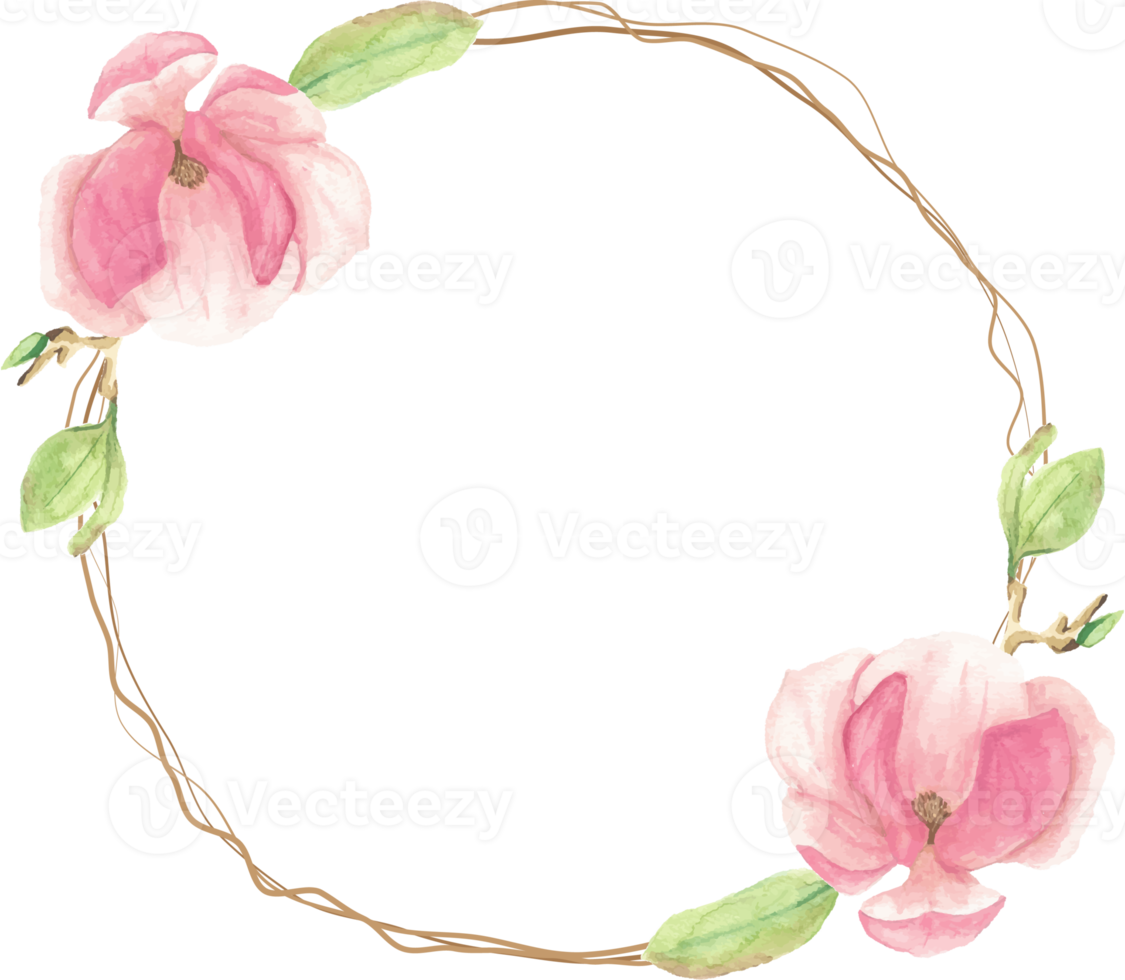 watercolor pink blooming magnolia flower and branch wreath frame png