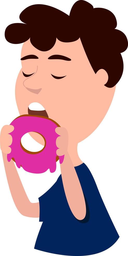 Boy eating donut, illustration, vector on white background.