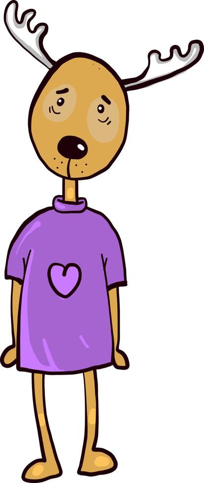 Sad deer in a violet shirt, illustration, vector on a white background.