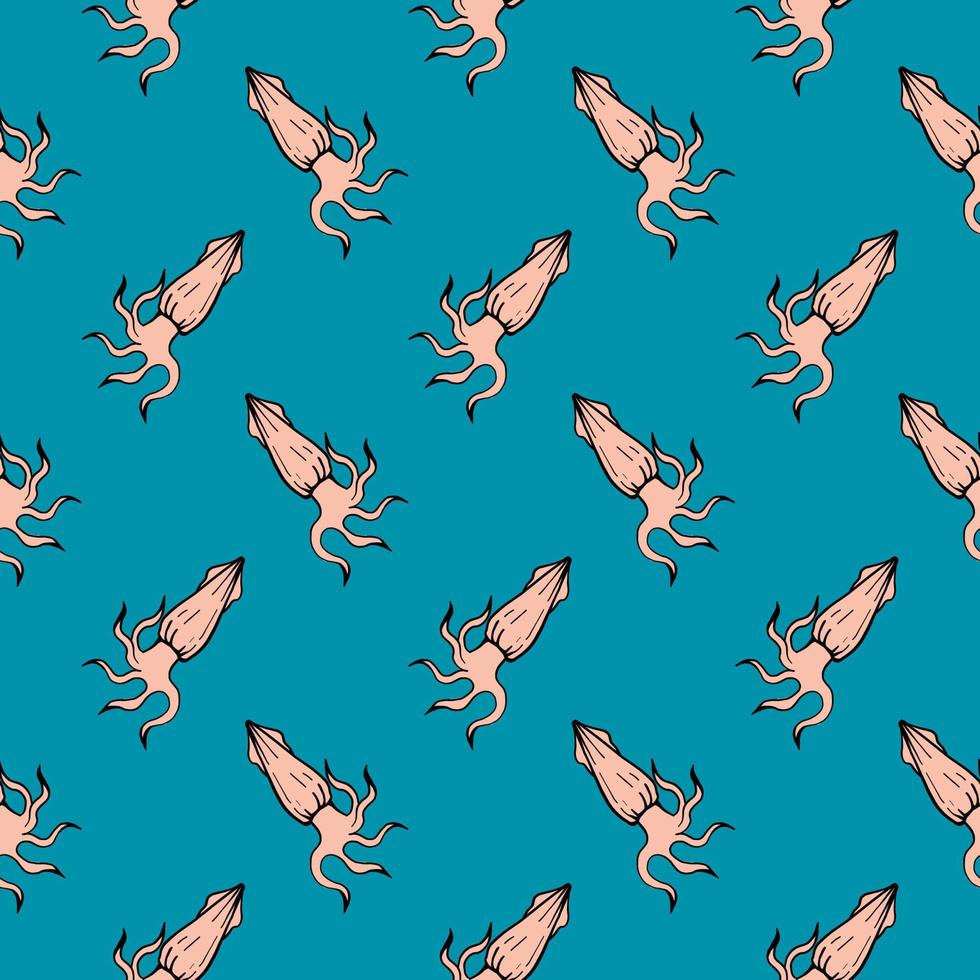 Light pink squid ,seamless pattern on blue background. vector