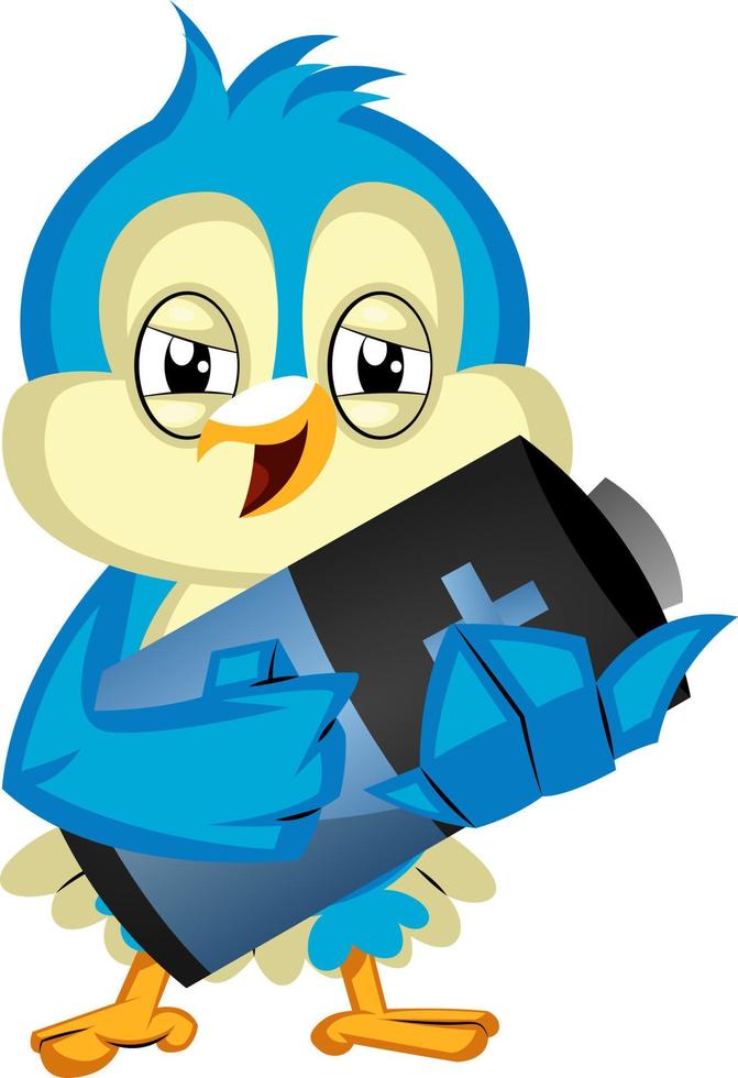 Blue bird is holding a battery, illustration, vector on white background.