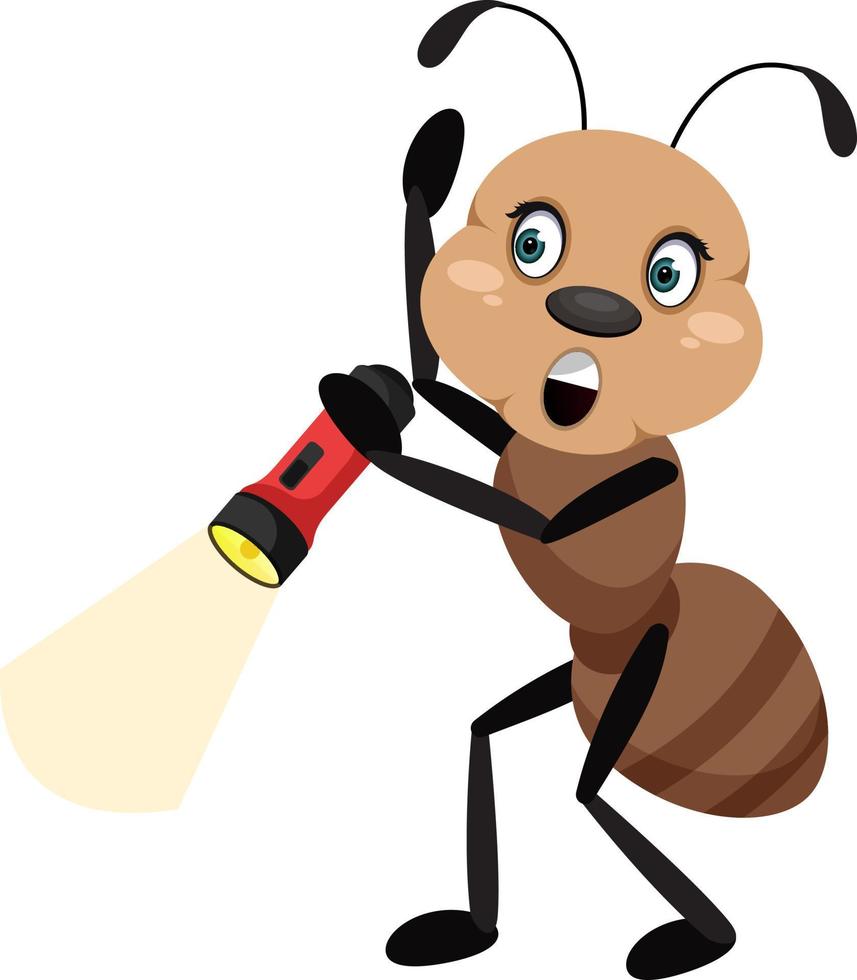 Ant with flashlight, illustration, vector on white background.