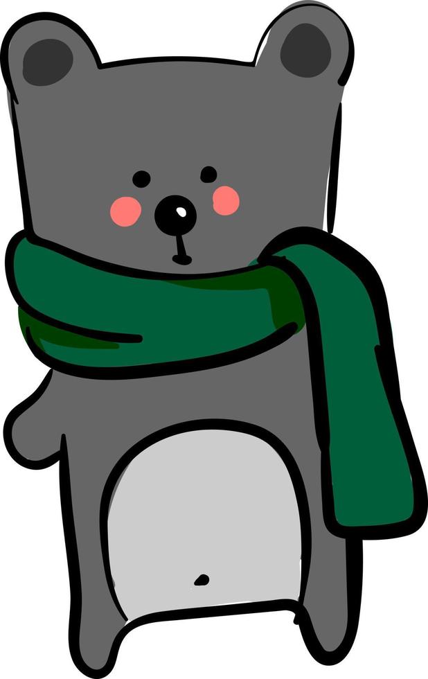 Bear with green scarf, illustration, vector on white background.