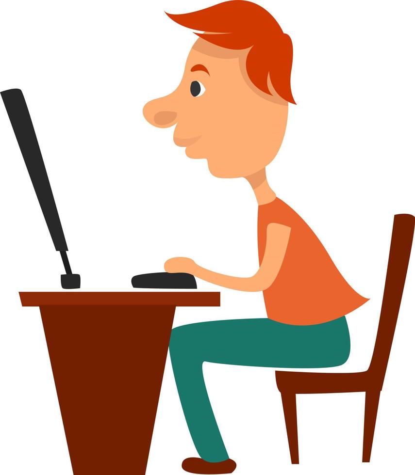 Boy working on a computer, illustration, vector on white background