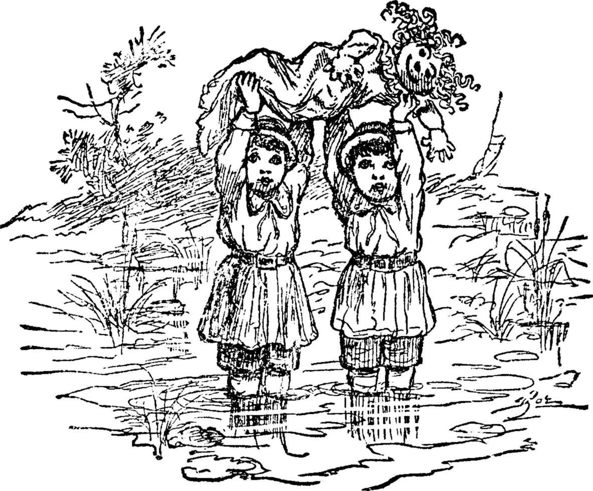 dos niñas con muñeca, ilustración vintage. vector