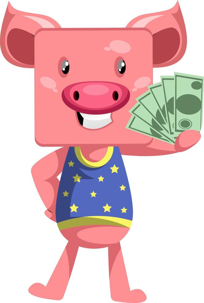 Pig with money, illustration, vector on white background.