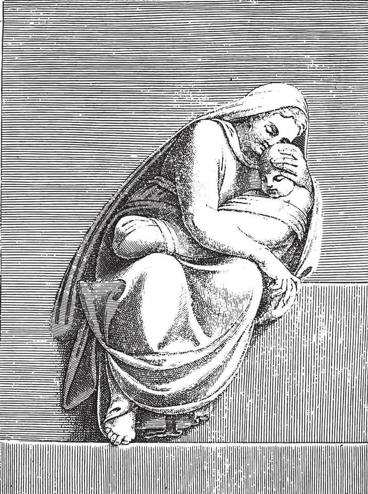 Seated Woman with a Child in Her Lap, Adamo Scultori, after Michelangelo, 1585, vintage illustration. vector