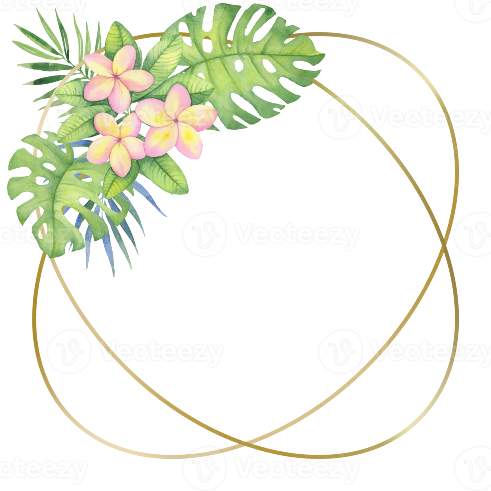 gouden ronde kader met tropisch bloemen en bladeren. waterverf illustratie voor uitnodigingen, vakantie kaarten, ontwerp. png