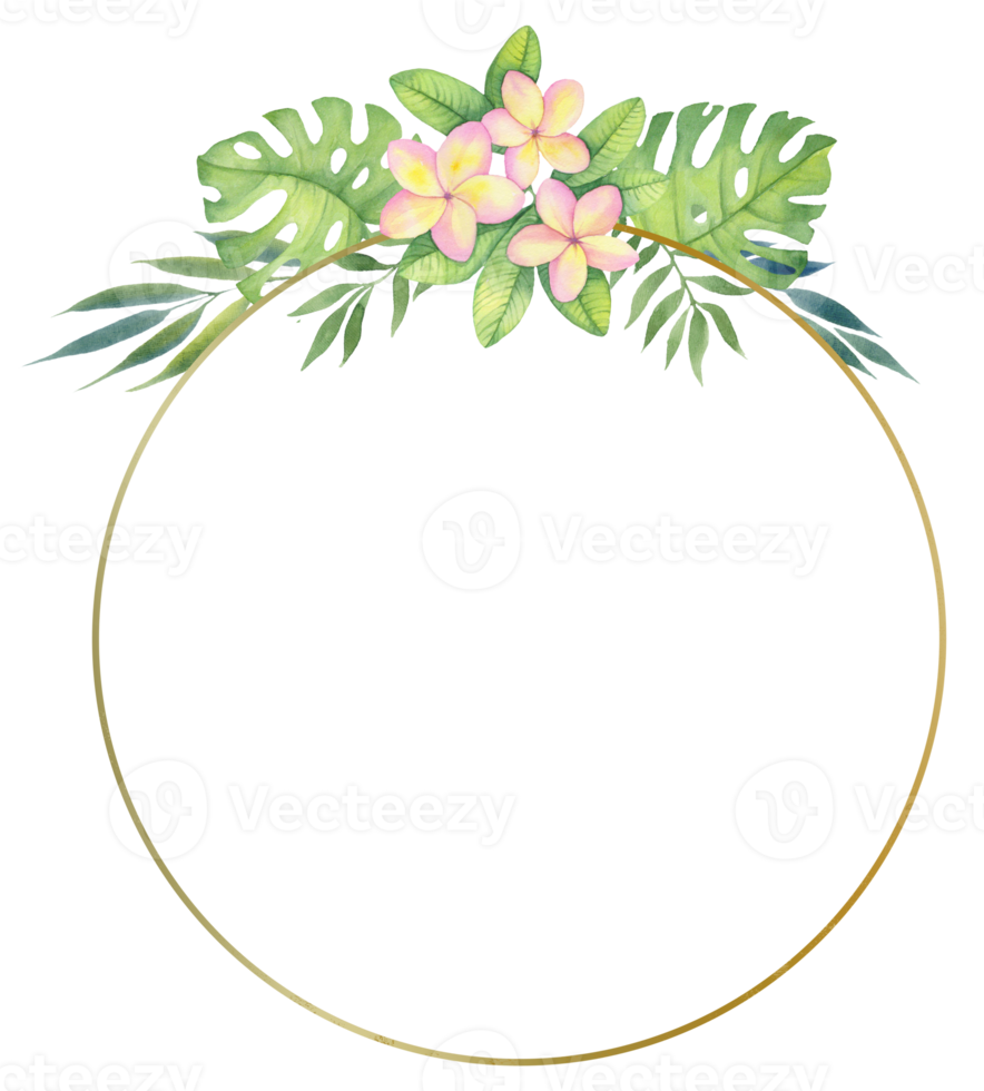 gyllene runda ram med tropisk blommor och löv. vattenfärg illustration för inbjudningar, Semester kort, design. png