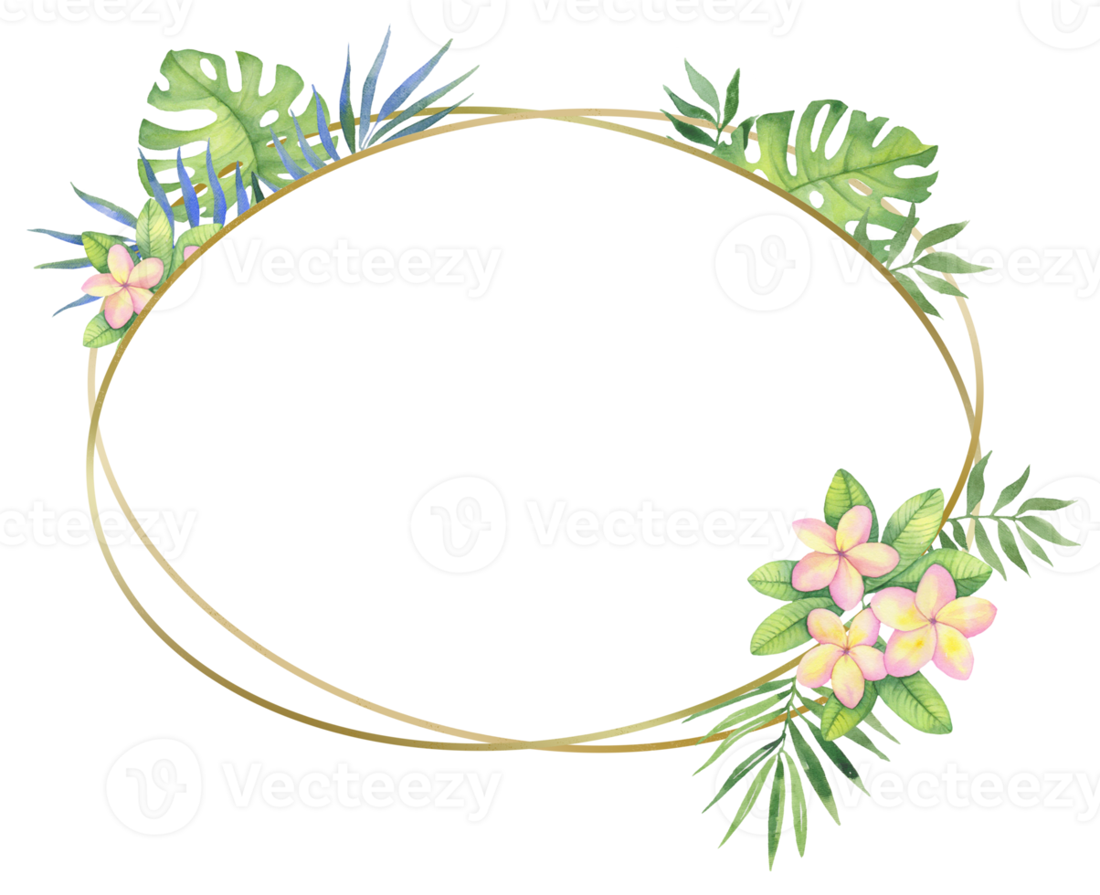 cadre rond doré avec fleurs et feuilles tropicales. illustration aquarelle pour invitations, cartes de vacances, design. png