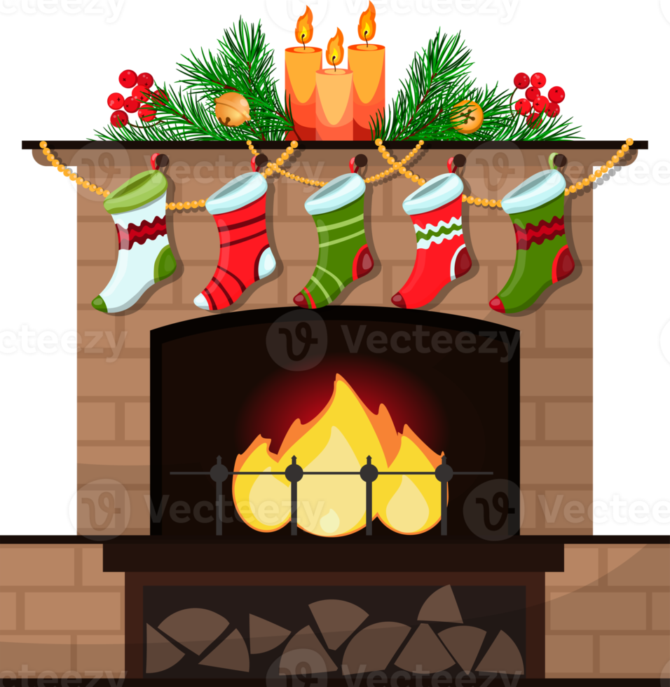 christmas fireplace decorated with candles and socks, new year illustration png