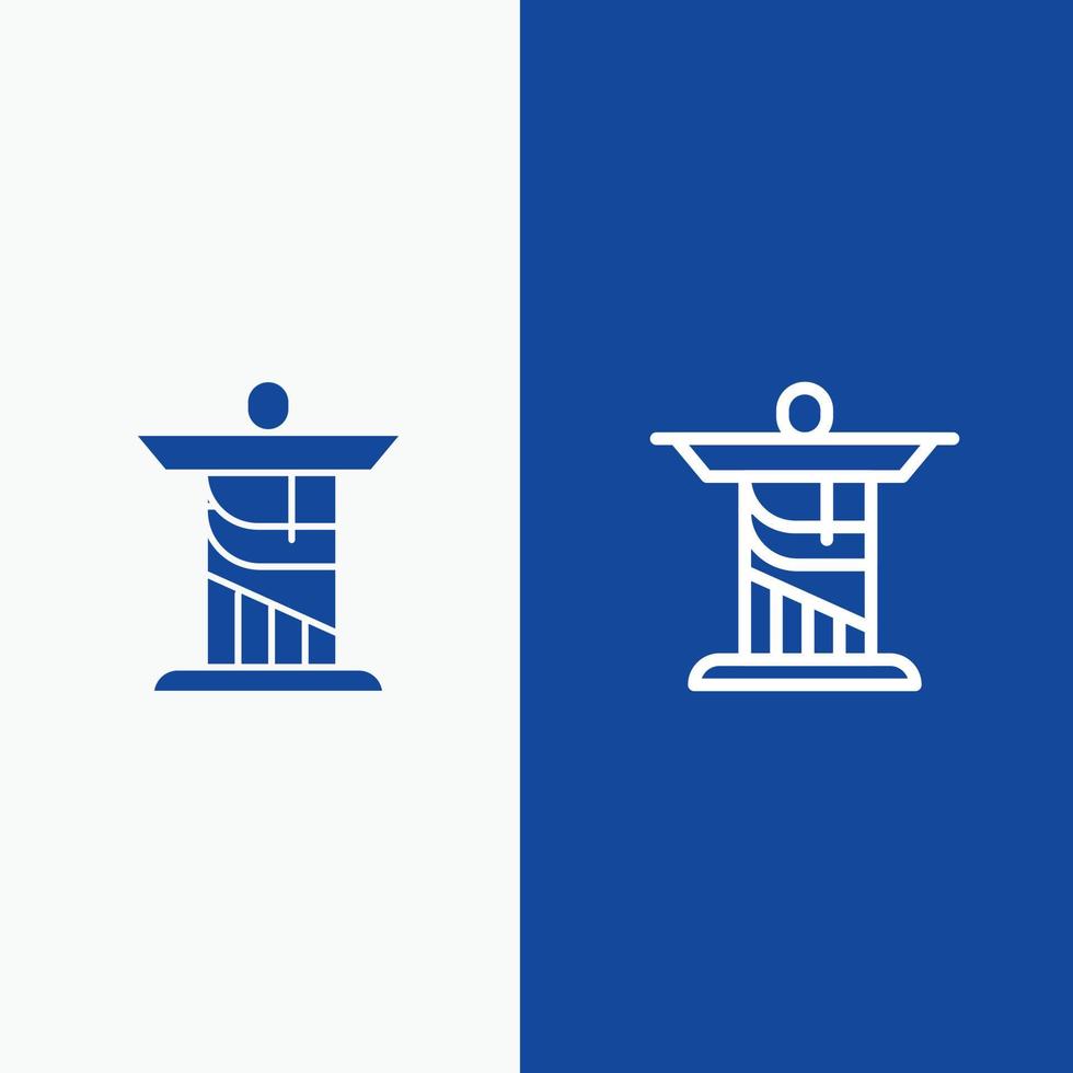 línea de hito del monumento de jesucristo y glifo icono sólido bandera azul vector