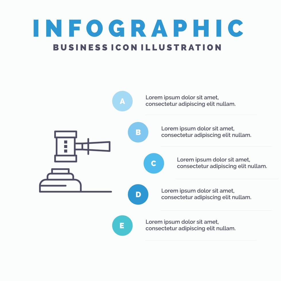 ley acción subasta corte mazo martillo juez línea legal icono con 5 pasos presentación infografía b vector