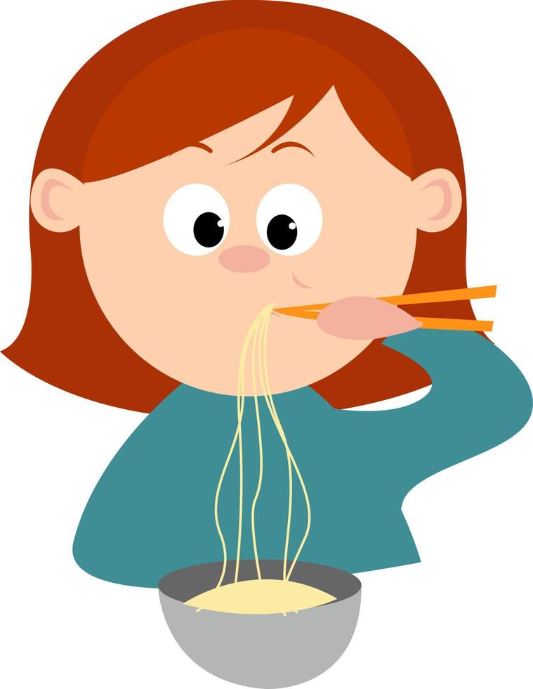 Woman eating spaghetti, illustration, vector on white background.