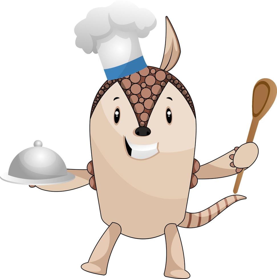 Armadillo con gorro de chef, ilustración, vector sobre fondo blanco.