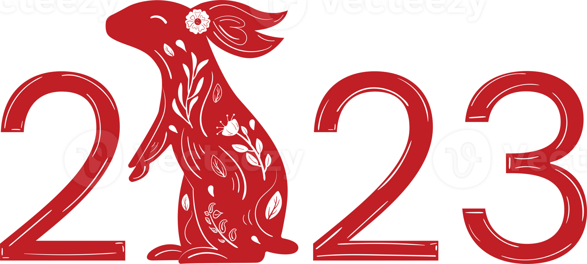 Chinese 2023 New Year Numeric. Zodiac Red Rabbit with White Floral Ornament png