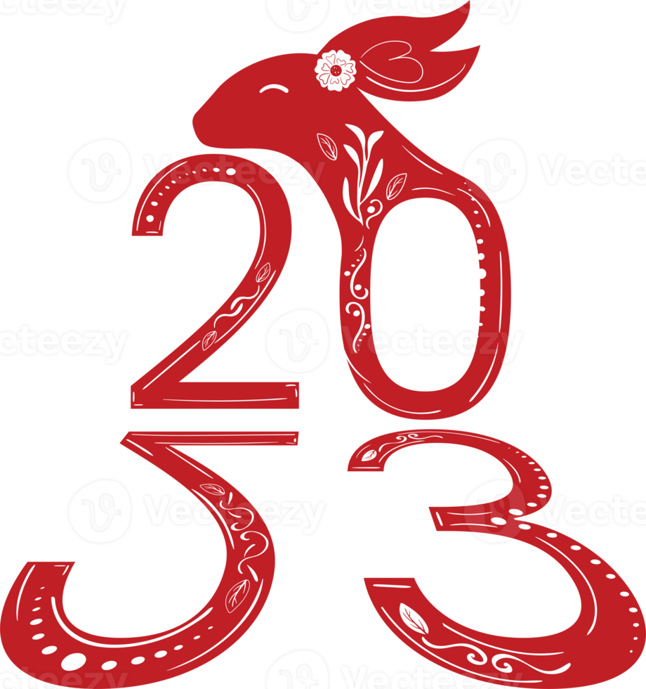 Chinese 2023 New Year Numeric. Zodiac Red Rabbit with White Floral Ornament png