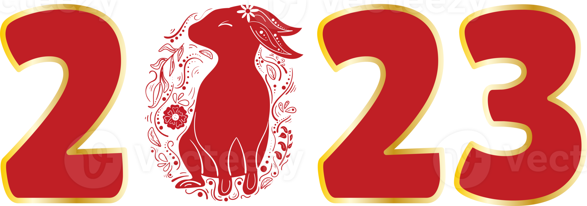 Chinese 2023 New Year Numeric. Zodiac Red Rabbit with Floral Ornament png