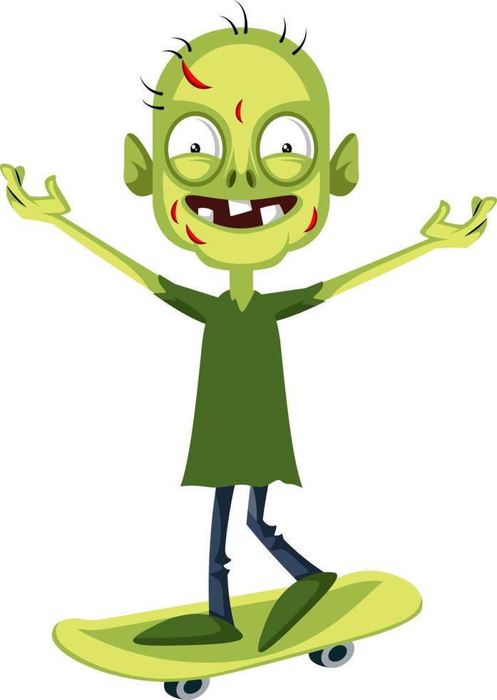 Zombie on skateboard, illustration, vector on white background.