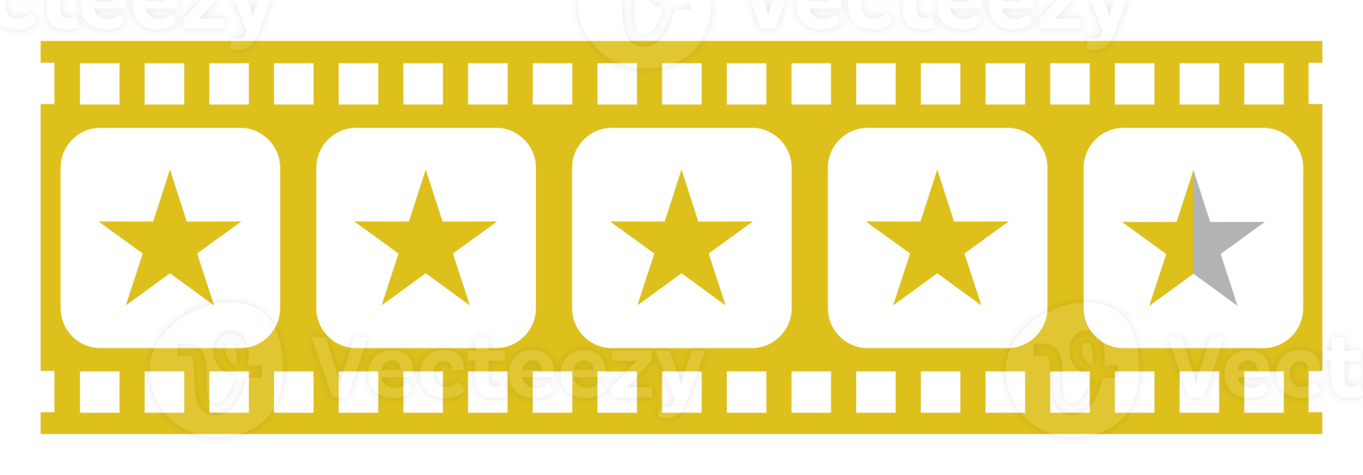 Visual of the Five 5 Star Sign in the Film Stripe Silhouette. Star Rating Icon Symbol for Film or Movie Review, Pictogram, Apps, Website or Graphic Design Element. Rating 4,5 Star. Format PNG