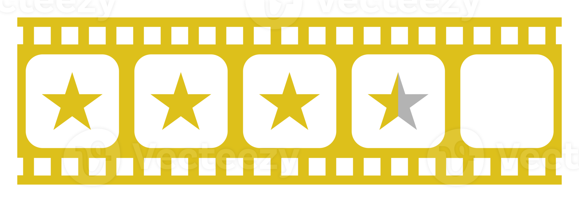 visual do signo de cinco 5 estrelas na silhueta da faixa do filme. símbolo de ícone de classificação por estrelas para revisão de filme ou filme, pictograma, aplicativos, site ou elemento de design gráfico. classificação 3,5 estrelas. formato png