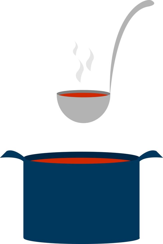 Olla azul con sopa, ilustración, vector sobre fondo blanco.