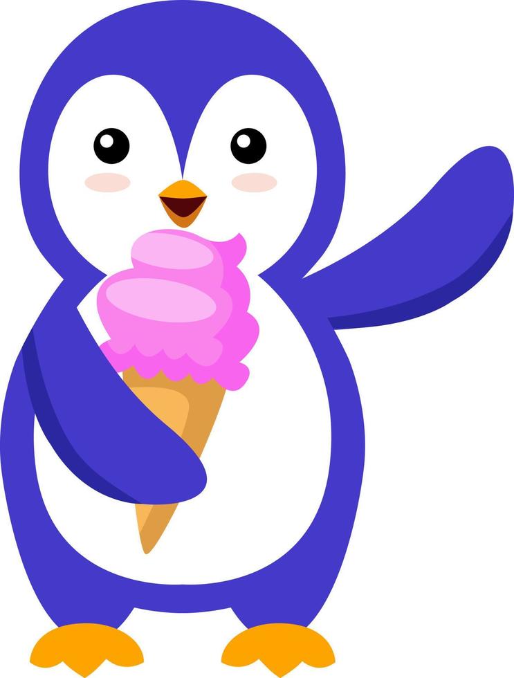 Penguin with ice cream, illustration, vector on white background.