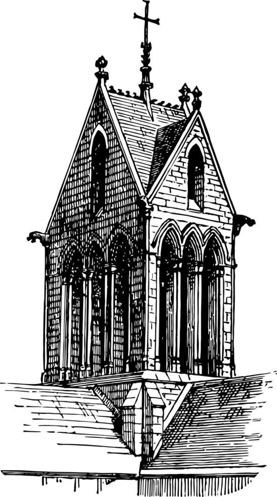 Gable Tower in France, upper end,  vintage engraving. vector