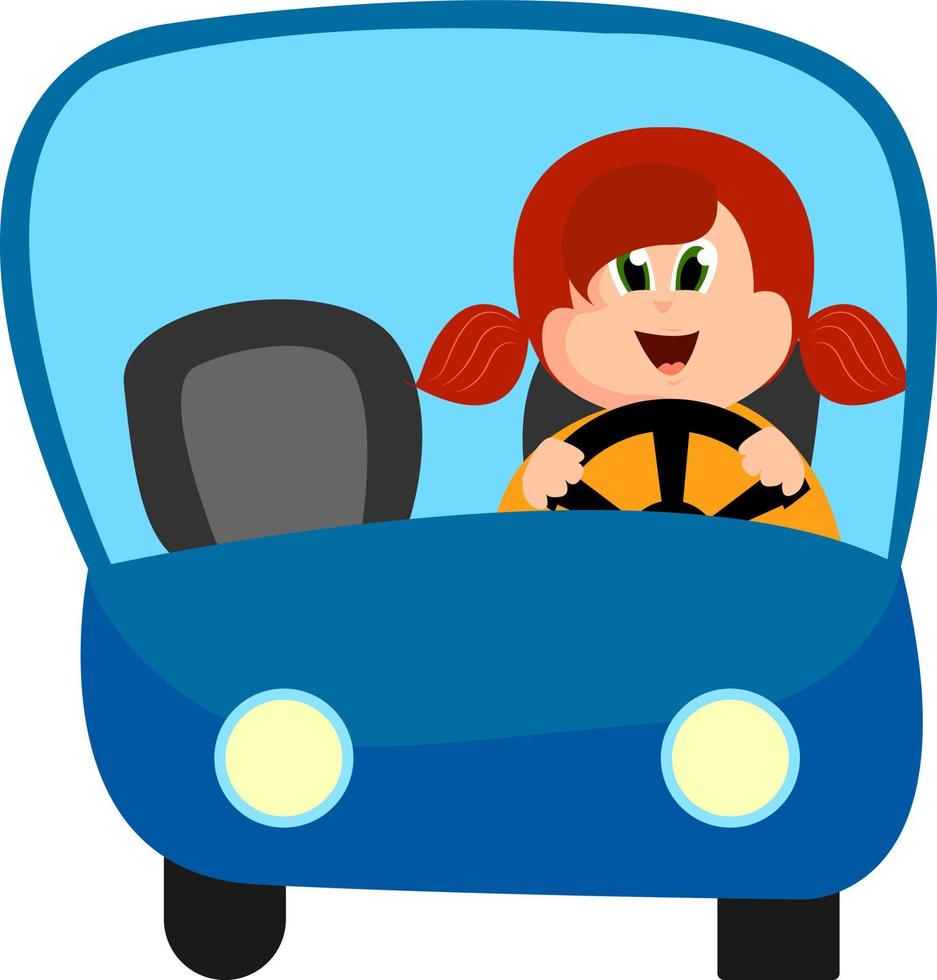 chica al volante, ilustración, vector sobre fondo blanco.