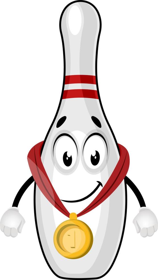 Bowling pin with gold medal, illustration, vector on white background.