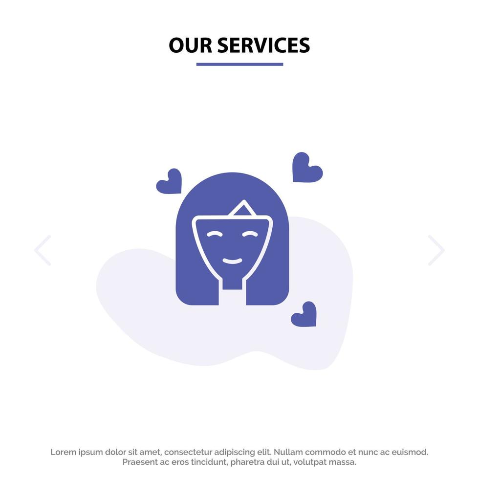Our Services Girl Person Woman Avatar Women Solid Glyph Icon Web card Template vector