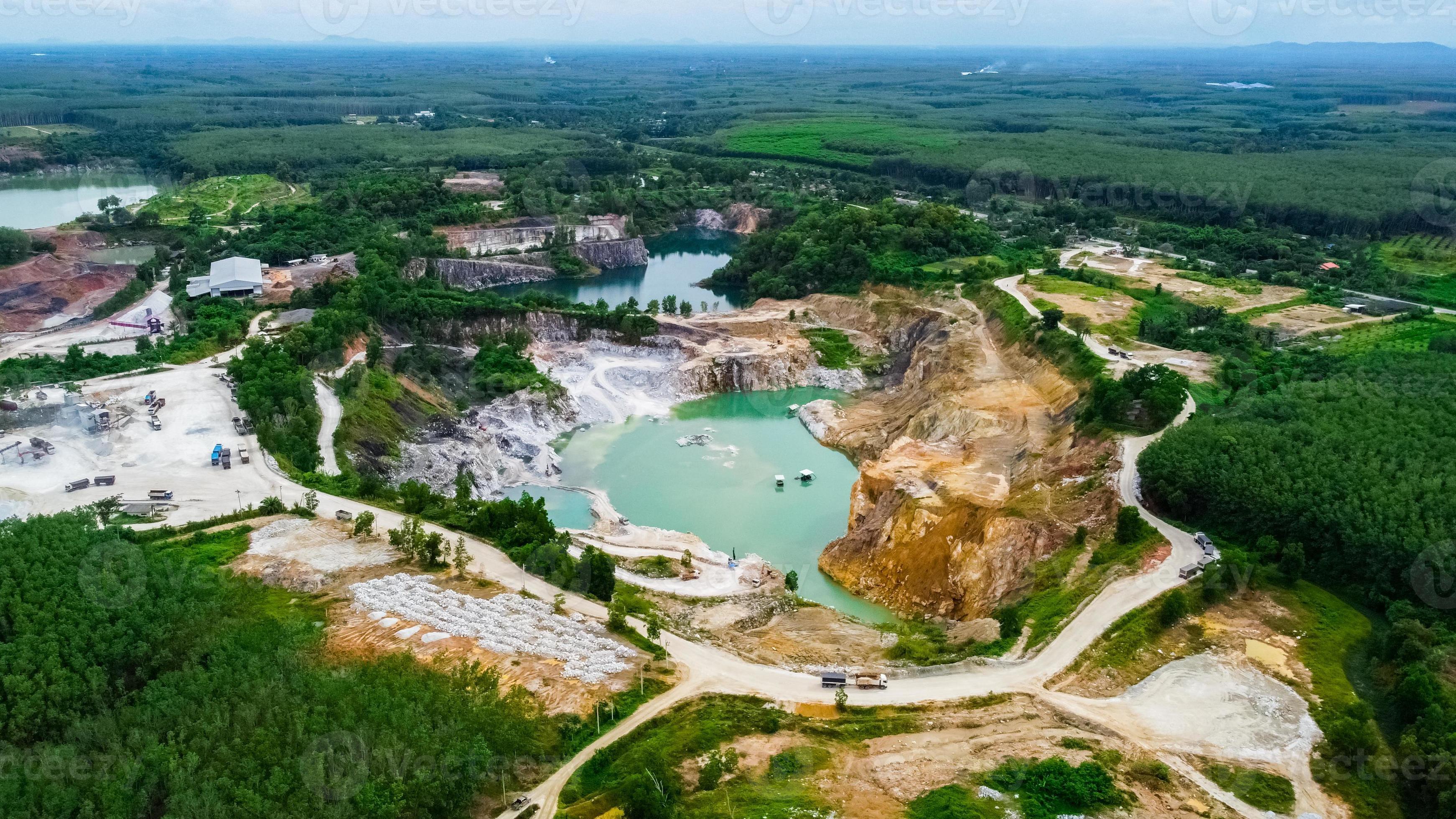 aerial photograph of a large pit of a gypsum mine. A large gypsum mine