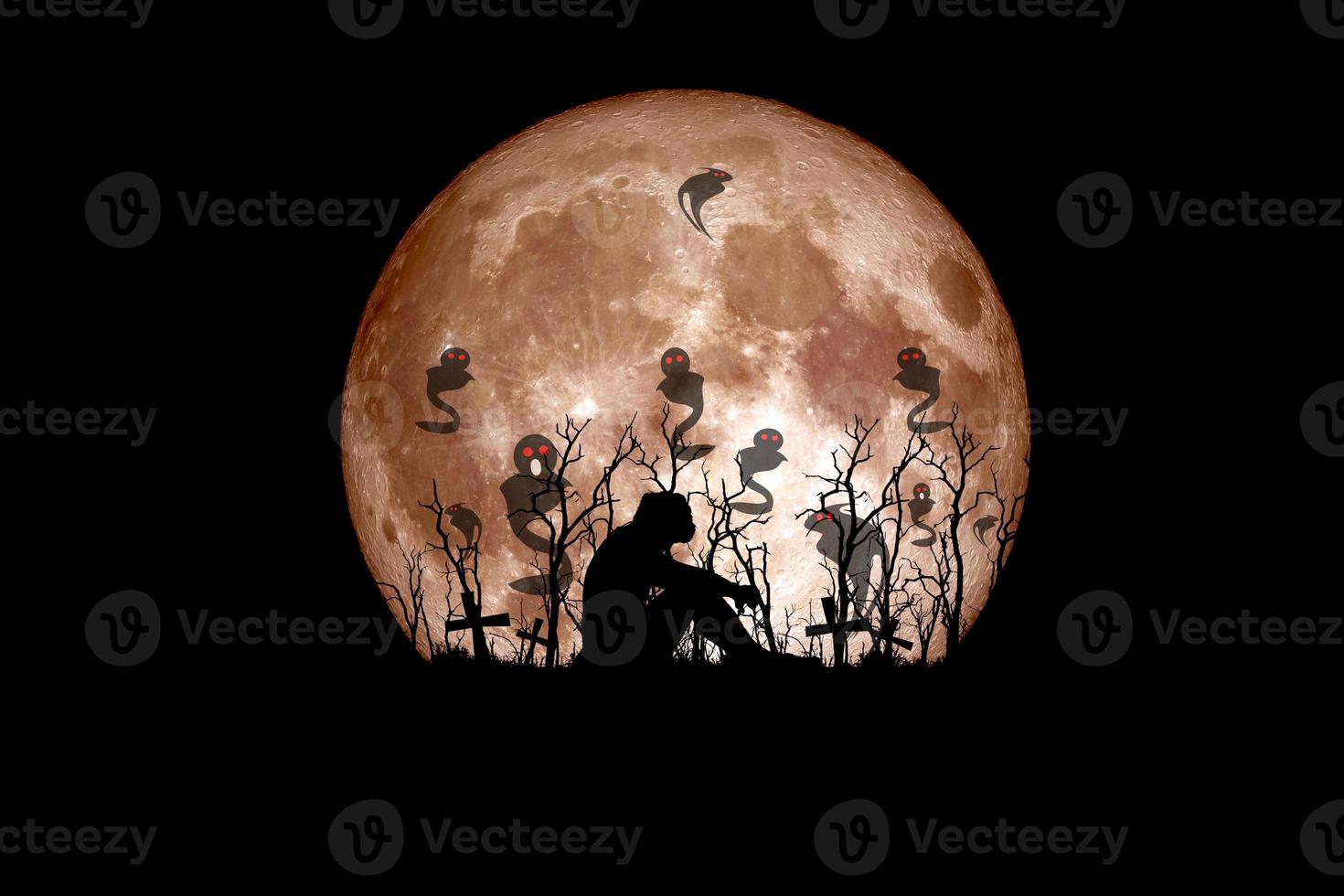 Halloween festival idea. Ghost of a dead tree with the moon in the background. photo