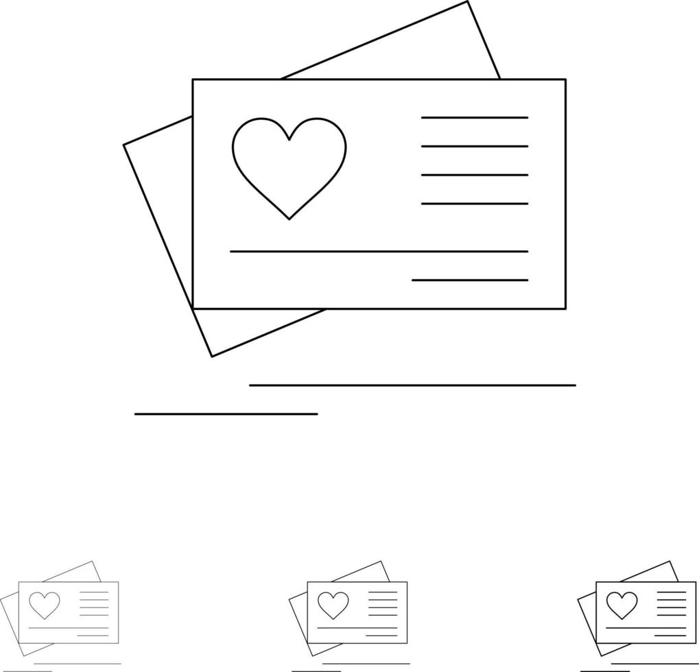 tarjeta amor corazón boda audaz y delgada línea negra conjunto de iconos vector