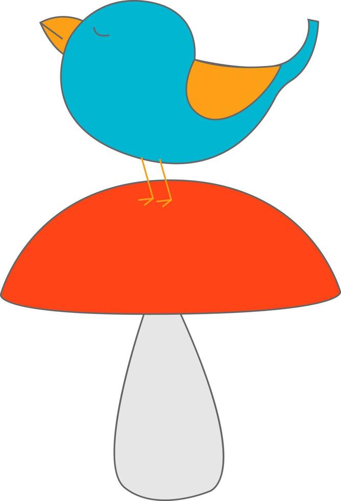 Blue bird on mushroom, illustration, vector on white background.