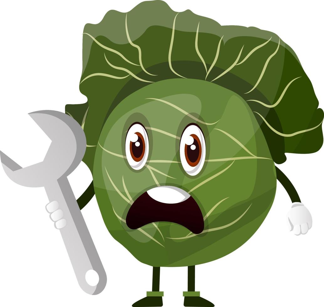 Cabbage is holding a monkey wrench, illustration, vector on white background.