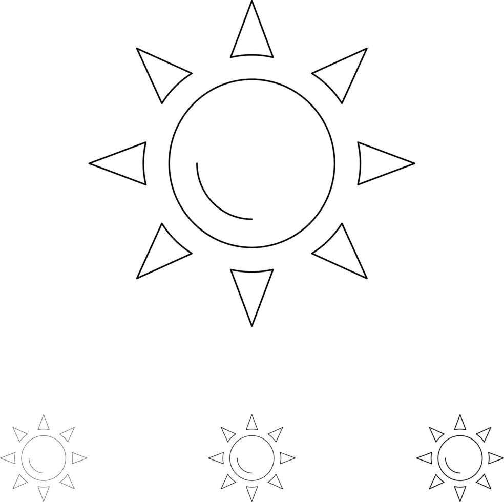conjunto de iconos de línea negra delgada y audaz de sol brillante de playa vector