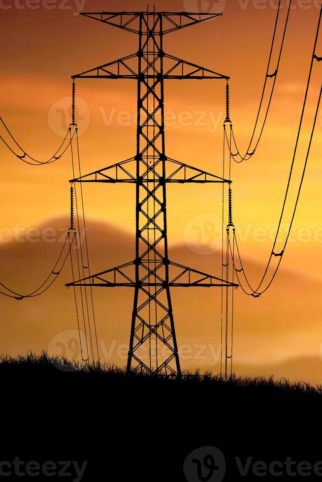 Silhouettes of high voltage poles and power lines It has a complex steel structure, it is strong and durable. photo